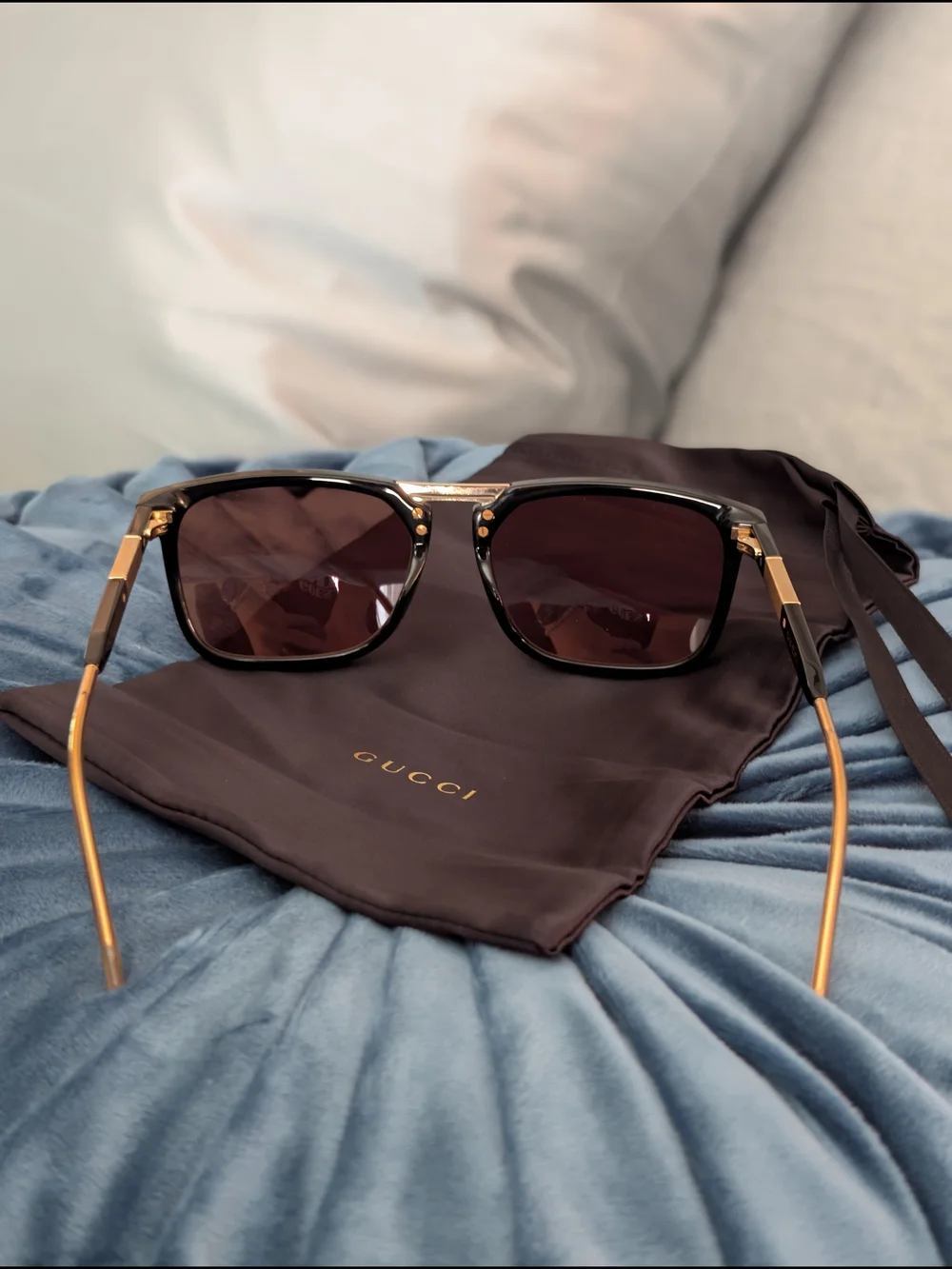 NWT Gucci Square Double-Bridge Sunglasses in Black/Gold (Complete Set) Unisex